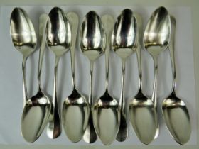 Ten Continental Silver or heavily silver plated Desert spoons. Total weight 614g.