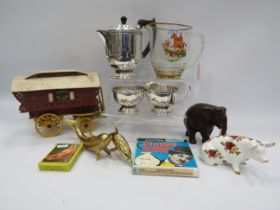 Box of mixed ceramics, glass, brass and a model bow top caravan etc.