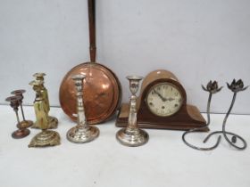 Mixed lot to include candlesticks, copper ben pan and a wooden mantle clock for spares or repair.