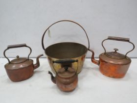 Brass jam pan and 3 copper kettles.