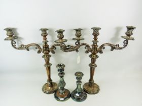 Pair of Large and Heavy Three Branch Silver plate on Copper Candlesticks (19 x 19 inches) plus two