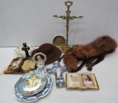 Mixed lot including a fox stole, religious plates, Nao figurine etc.