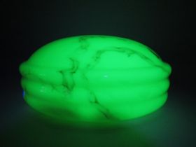 Large uranium glass fly catcher light shade, approx 5" deep and 11" diameter.