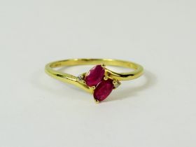 9ct Twin Ruby & Two small Diamond set ring. Finger size T-5 1.7g