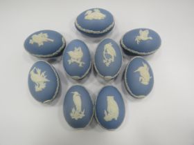 9 Wedgwood Jasperware light blue christmas eggs decorated with various birds.