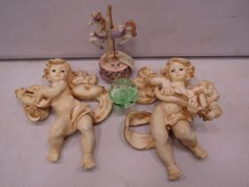 2 large cherub wall plaques, Glass paperweight etc.