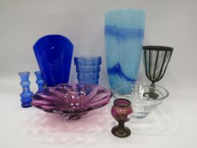Good mixed lot of blue, purple and clear art glass.