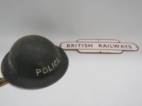 1940's era WW2 Police Brodie Helmet plus a Metal reproduction British Rail Sign. See photos.