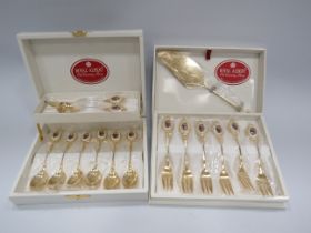 Royal Albert Old Country roses gold plated cake fork set and teaspoon set unused in boxes.