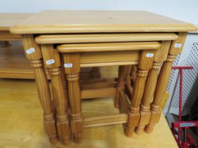 Well made set of solid pine stacking tables. Largest table measures approx H:21 x W:22 x D:16 Inches