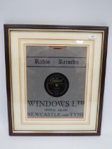 Framed and mounted under glass, Vintage Vinyl Record by Nellie Lutcher with Newcastle Retailers slee