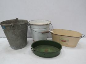 Enamel and aluminium buckets, planter and a pan.