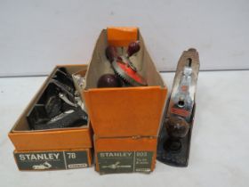 Stanley 78 plane, Stanley hand drill and a Record No 5 plane.