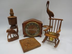 Mixed woodenware lot including a Smiths mantle clock, mini rocking chair etc.