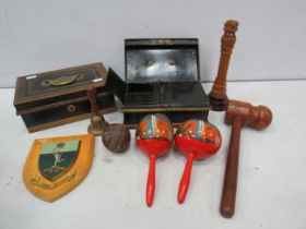 Mixed lot to include 2 vinatge cash tins, Royal Signals plaque, cricket mallet and ball etc.