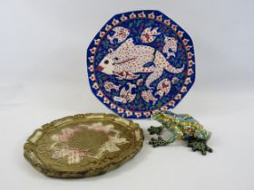 Handmade turkish plate, resin mosaic frog and a Italian tray / plate.