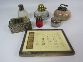 Interesting mixed lot to include scent bottles, calendar, glass roller and inkwell, most with silver