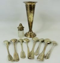 Selection of Hallmarked Silver Spoons, Some Georgian, Silver topped glass salt shaker plus weighted