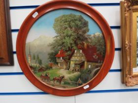 Circular framed decorative glass picture of a austrian scene.
