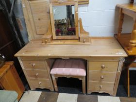 Knee hole bedroom dressing table with mirror above. Made in bleached weather effect pine with carved