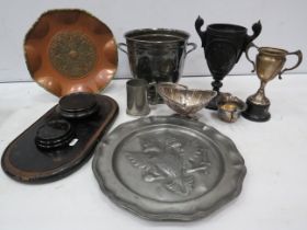 Mixed lot to include a Pewter charger, copper aztec plate, wine cooler bucket etc.