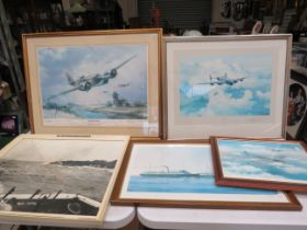 3 RAF aircraft prints, 2 are signed by the crew, Photograph of HMS Cleopatra in 1942. plus 2 other