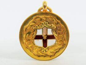 9ct Gold and Enamel Football fob. Decorated with Enamel Cross of St George. Stamped 375 to link and