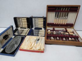 Canteen of cutlery in wooden box, Fish knife and fork sets etc