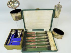 Good Mixed Silver Lot to include a Silver handled and Bladed knife set, Hallmarked shaker, Condiment