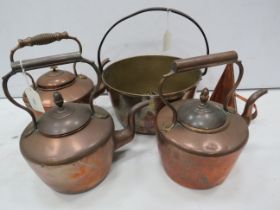 Brass Jam pan, 4 copper kettles and a large copper snuffer.
