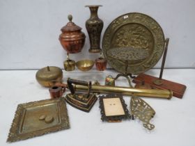 Mixed brass and copper lot including trivots, copper pots and a cast iron etc.