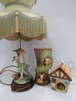 Capodimonte figural lamp, Eastgate pottery fauna vase plus a pottery house lamp.