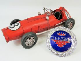 Tinplate Vintage style GP car plus a Metal Jensen Owners Club Bumper badge with bolts & nuts to att