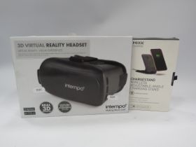 Intempo 3d virtual reality headset and a wireless cahrging stand. Both appear to be unused in the
