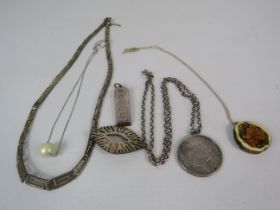 Sterling silver necklace and pendant lot including a mounted George III 3 shillin 1813 bank token.