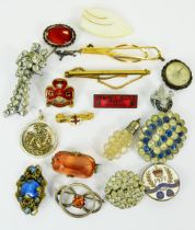 Selection of very good antique costume jewellery, Girl Guides badges and a watch fob compass in work