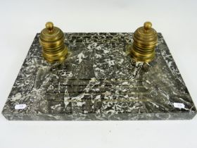 Large and heavy Boadroom Desk twin inkwell. Based on a thick (approx 2 inches) Marble base with