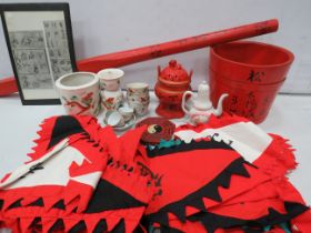 Mixed lot to include items decorated with chinese character marks, bucket, bunting etc.