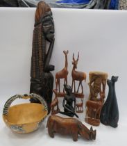 Wooden ware lot to include a wall plaque, animal sculptures, Zebra bowl etc.