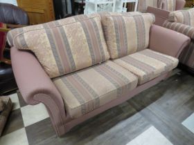 Large 3/4 Seat settee with scrolled arms. Approx H:28 x W:87 inches. Lots of cushions. See photos