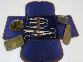 3 small vintage purses, cheroot case and a cased scissor set.