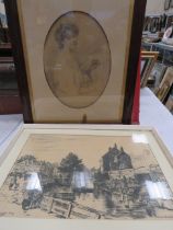 Framed pencil sketch and a print of a dutch village.
