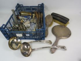 Mixed lot to include a dressing table brushes and mirror, antler handle cutlery, large soup ladels