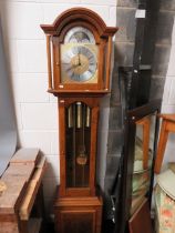 Reproduction Oak Cased long case clock with Brass & Silvered Dial. Clear case door reveals weights a