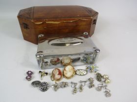 Vintage Jewellery box , white metal storage box and a selection of vintage brooches and clip on