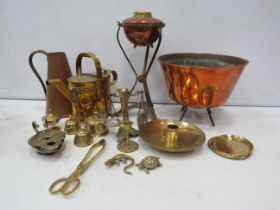 Various mixed brass and copper items including brass watering can.