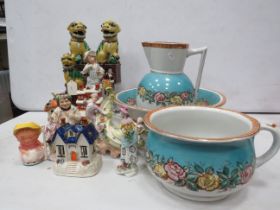 Large selection of various antique ceramics including Staffordhire cottages, Wash bowl and jug set