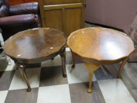 Two Matching low circular tables with quartered grain , pie crust tops. Each approx H:17 x W:24 inc