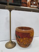 Large carved wooden planter 14"" tall 14"" diameter plus a tall brass ashtray.