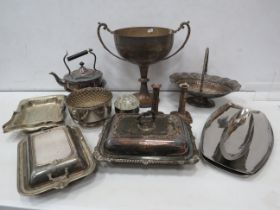 Large selection of silver plated items including a large trophy, spirit kettle etc.